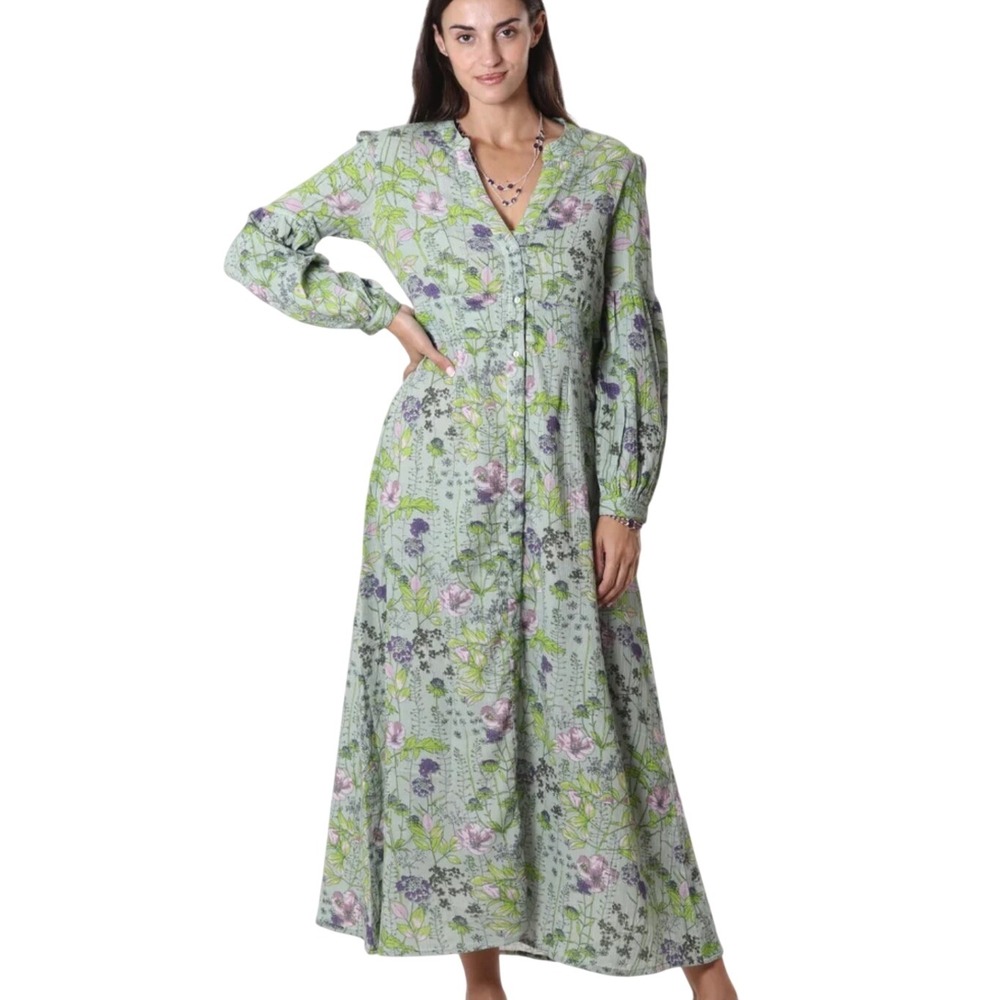 Novica Maxi Dress Celedon Green Floral Crinkle Gauze 100% Cotton/India szS NWOT